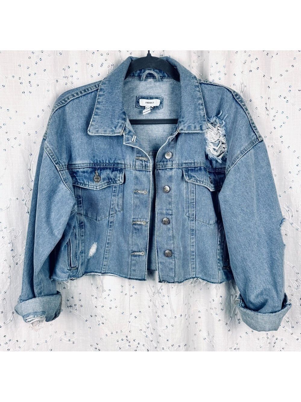 Forever 21 Distressed Cropped Denim Jacket – Size Medium